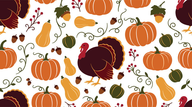 A beautifully designed seamless autumn vector pattern featuring pumpkins pears and a turkey perfect for thanksgiving celebrations and fall themed designs