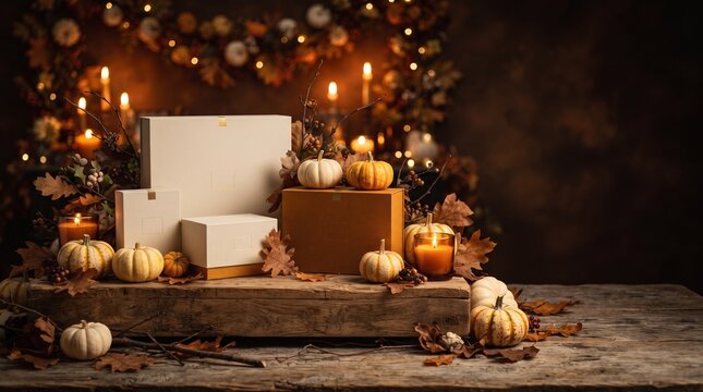 White and brown gift boxes with pumpkins and candles on rustic wood