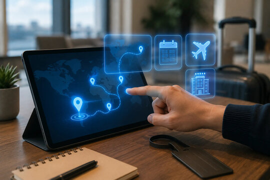 Man Hand Touching Tablet Screen Displaying Digital Travel Itinerary Planning, Flight, Hotel, and GPS Map Navigation Concept