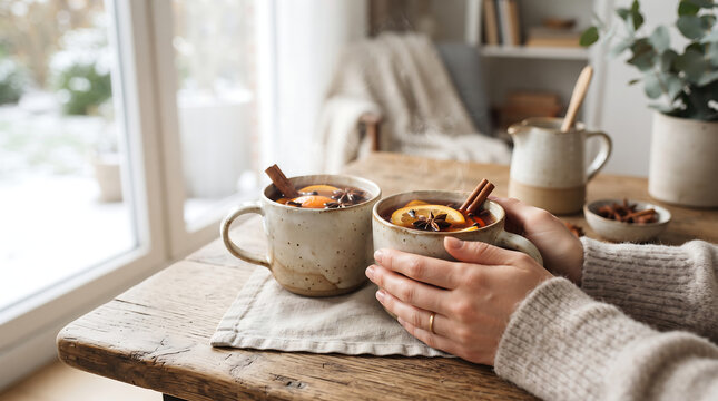 Hands holding steaming mugs of warm mulled beverage on rustic wooden table in cozy winter home