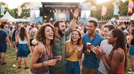 Obraz premium Diverse group of joyful friends laughing and clapping while enjoying live music performance at summer outdoor festival with cheering laughing happy group entertainment lifestyle