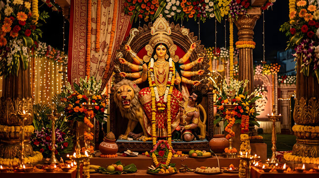 Ornate Goddess Durga idol during Navratri festival celebration.