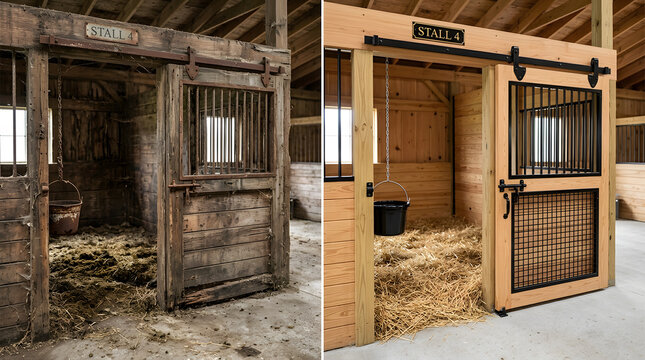 Barn renovation before and after | New horse stall installation | Rustic stable remodel project | Farmhouse horse stall design | Horse boarding facility upgrade