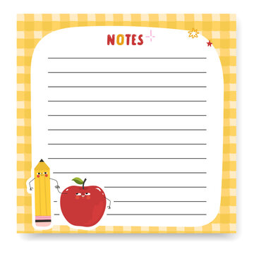 School notes page with cute pencil and red apple on yellow gingham border vector stationery template
