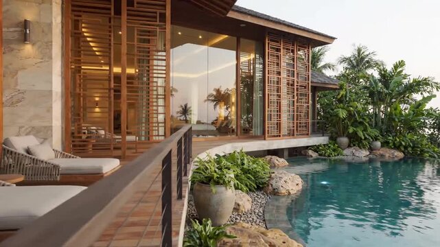 Luxury wooden deck with lounge chairs near pool.