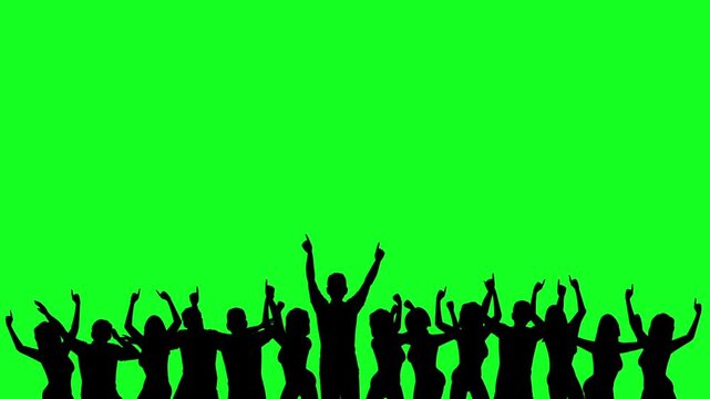 Crowd silhouette dancing and pointing fingers on green screen background in 4k slow motion