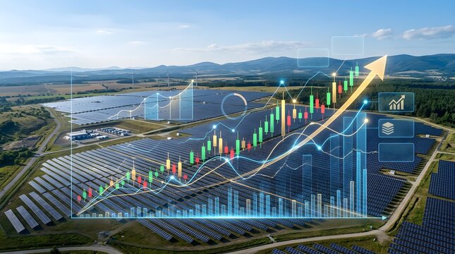 Solar farm landscape aerial view with digital financial growth charts overlay