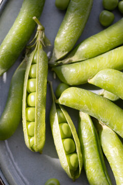 Fresh green pea pods with raw garden peas