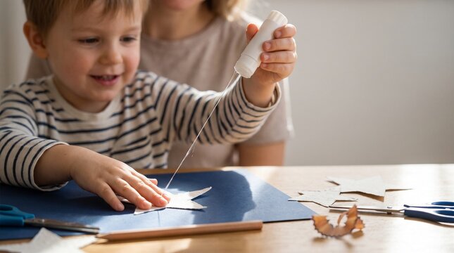 Child Gluing Paper Stars While The Glue Strings Catch The Light