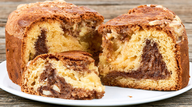 Slice of marble cake with chocolate swirl on a white plate sweet food baked goods pound cake