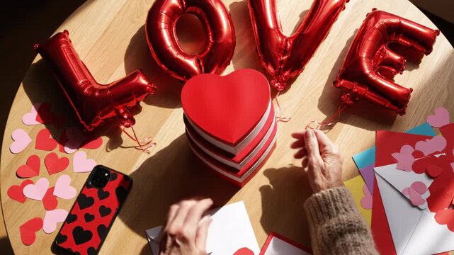 Hands holding a heartshaped gift box on a table decorated with red balloons and paper hearts for valentines day