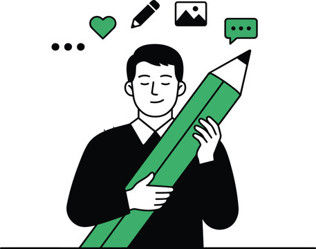 Man Hugging Giant Pencil Creative Writing Vector Illustration