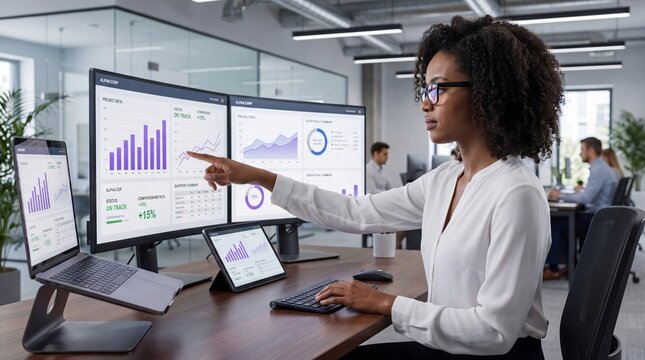 A professional woman analyzing data on multiple computer screens in a modern office setting