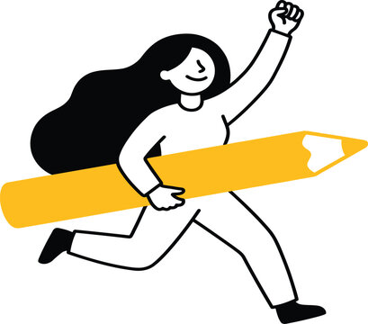 Woman Running With Giant Pencil Vector Illustration