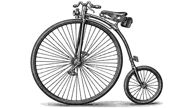 Detailed vintage engraving of a classic penny farthing high wheeler bicycle from Victorian era.