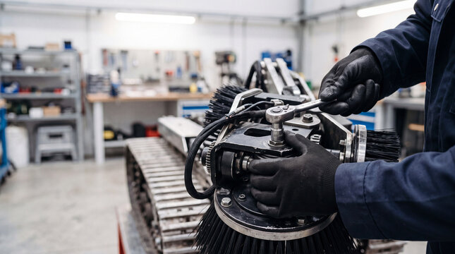 Technician performing maintenance on industrial sweeper brush in workshop using socket wrench