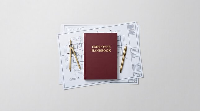 Employee Handbook with Architectural Blueprints, Compasses, and Pens on Desk