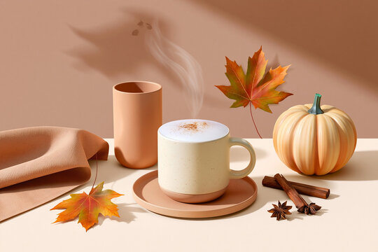 Halloween autumn still life with pumpkin, hot coffee, maple leaves and spices with ghost silhouette reflected on warm beige wall