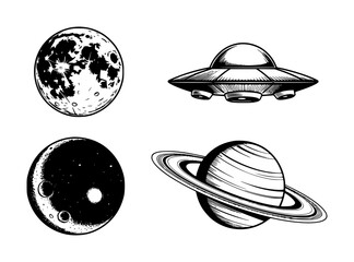 Black and white set featuring a full moon, saturn planet, and a classic flying saucer ufo spaceship © Hasnat