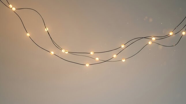 Glowing warm string lights hanging against a soft neutral background