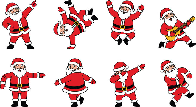 Funny Dancing Santa Claus Vector Character Set with Cool Christmas Poses Including Breakdancing, Dabbing, Playing Guitar, and Jumping for Festive Holiday Card Designs