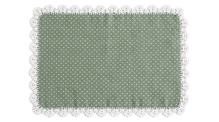 Sage green linen placemat with white polka dots and white crochet lace border isolated on white background © Vy