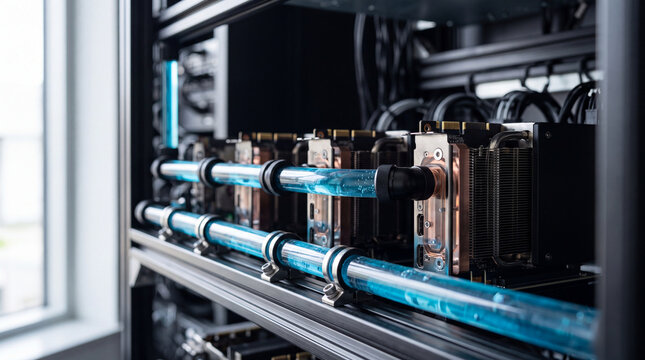 Liquid-cooled GPU cryptocurrency mining rig with blue tubing in high-performance server rack