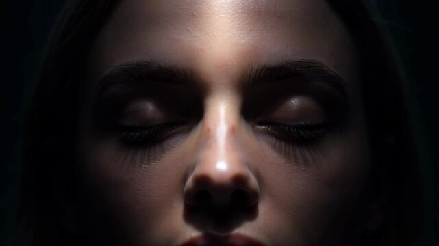 Close-up of a young woman's face with eyes closed and dramatic lighting casting shadows on her features, suggesting meditation, contemplation, or rest.