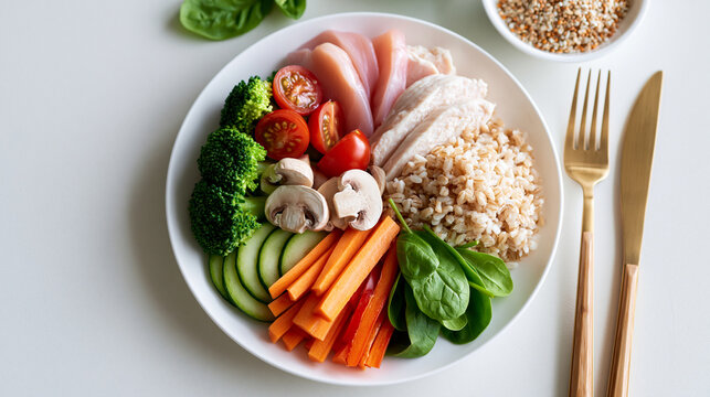 portion control diet plate divided into vegetables, lean protein and whole grains on a bright white background, nutrition concept, balanced eating, bright, with copy space