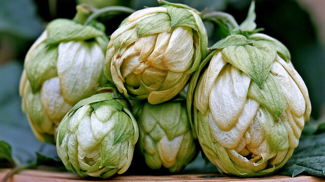 Fresh green hop cones hanging on the vine ready for brewing beer with green hops