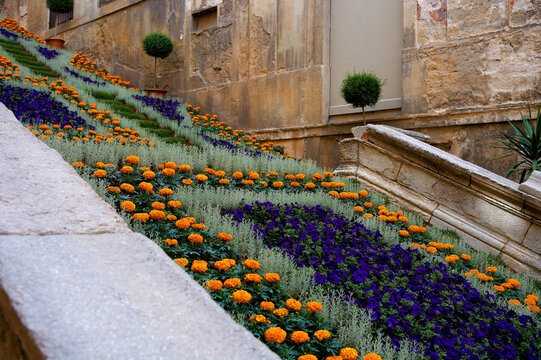 Floral art display on historic stairway in Girona, Spain
