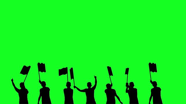 Crowd silhouette waving flags and cheering on green screen background in 4k slow motion