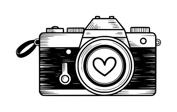 Hand-drawn of a vintage camera featuring a heart symbol inside the lens on a white background