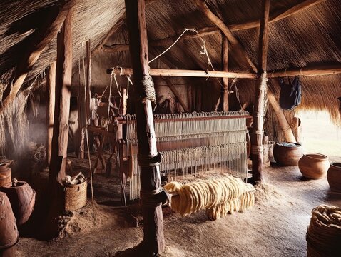 Traditional Celtic Warp Weighted Loom Surrounded by Naturally Dyed Wool