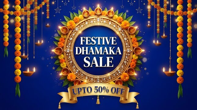 Festive dhamaka sale banner with traditional diyas and marigold flower garlands