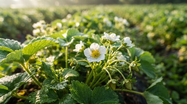 Close up of blooming strawberry flowers in a farm field during morning sunlight