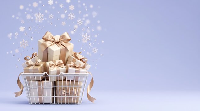 Golden gifts in a shopping basket with snowflakes and ribbons