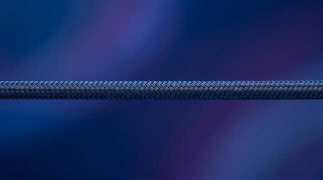 Close Up View of a Braided Dark Cable Against a Blurred Blue and Purple Gradient Background