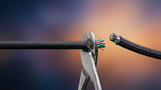 Close-up of metal pliers cutting through a thick electrical cable, separating it into two pieces with exposed wires visible