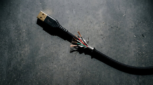 Damaged USB cable with exposed wires and connector on textured surface