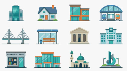 Obraz premium Elegant Colorful Illustrated Icons Set of Diverse Urban Buildings and Landmarks with Modern and Classic Designs