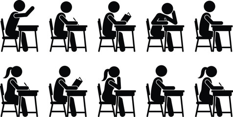 Fototapeta premium Student Classroom Activity Silhouette Icon Set Featuring Reading Writing Hand Raising Thinking and Learning Poses, Black Stick Figure Education Vector Collection