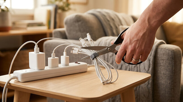 Hand using scissors to cut charging cables tied together next to power strip on table