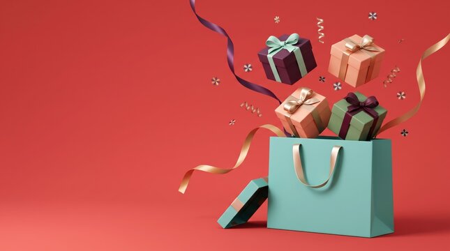 colorful gifts flying out of shopping bag on red background