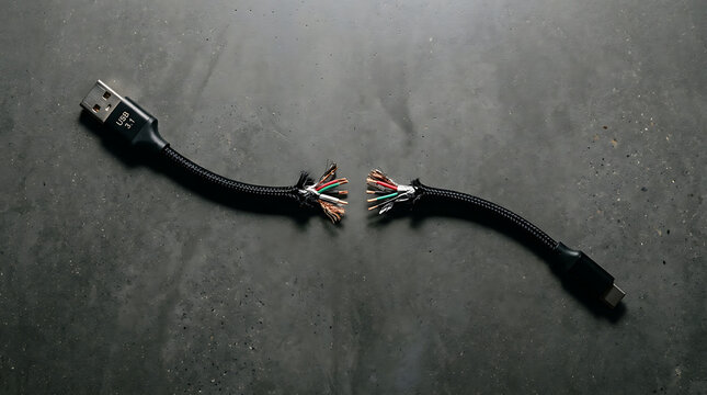 Severed USB cable with frayed wires showing internal conductors on a dark textured surface