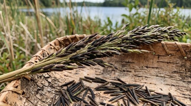 Wild rice grains and stalk in a woven basket by a lake