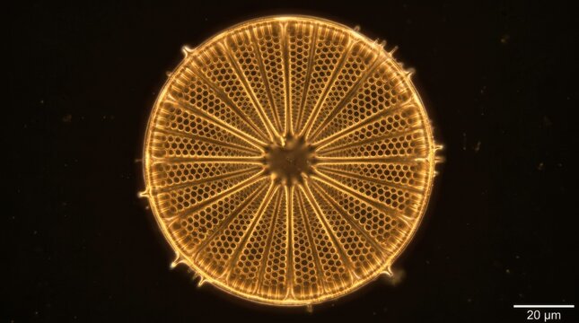 Microscopic view of a golden diatom with intricate radial patterns and spiky edges