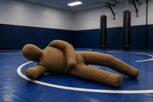 Grappling dummy on wrestling mat in training gym, martial arts and fitness concept