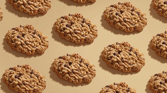 Seamless pattern of fresh baked chocolate chip oatmeal cookies on a warm beige background