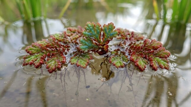 Close-up of floating red and green aquatic plant with visible roots in calm water